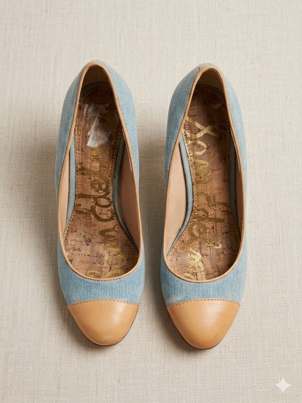 Sam Edelman Denim Espadrille Wedge Heels Blue Tan Leather Caps Size 8.5 AU US✨